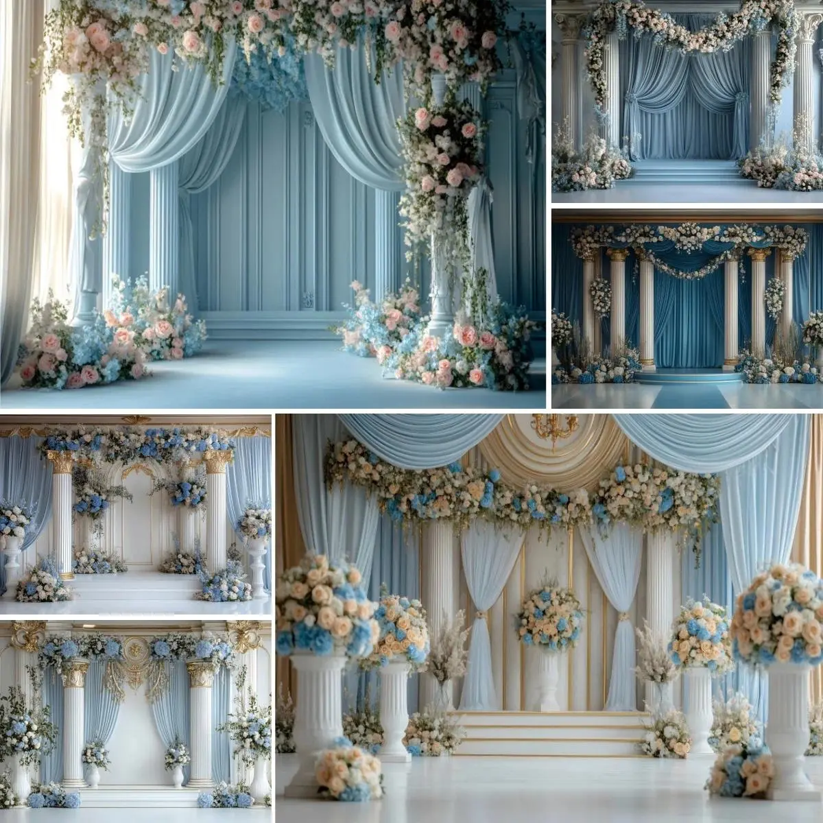 Blue Floral Lightweight Hanging Backdrop Kit, Wedding Decoration Curtain Wall, Banners for Bride-Groom Reception Ceremony Photobooth Portrait Photography Decor
