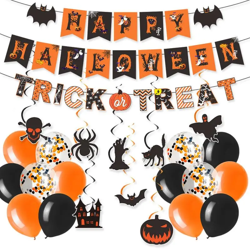 Halloween Party Decorations Set, Black Orange Banner Bunting Hanging Swirls Balloons, Halloween Festival Party Decor Supplies