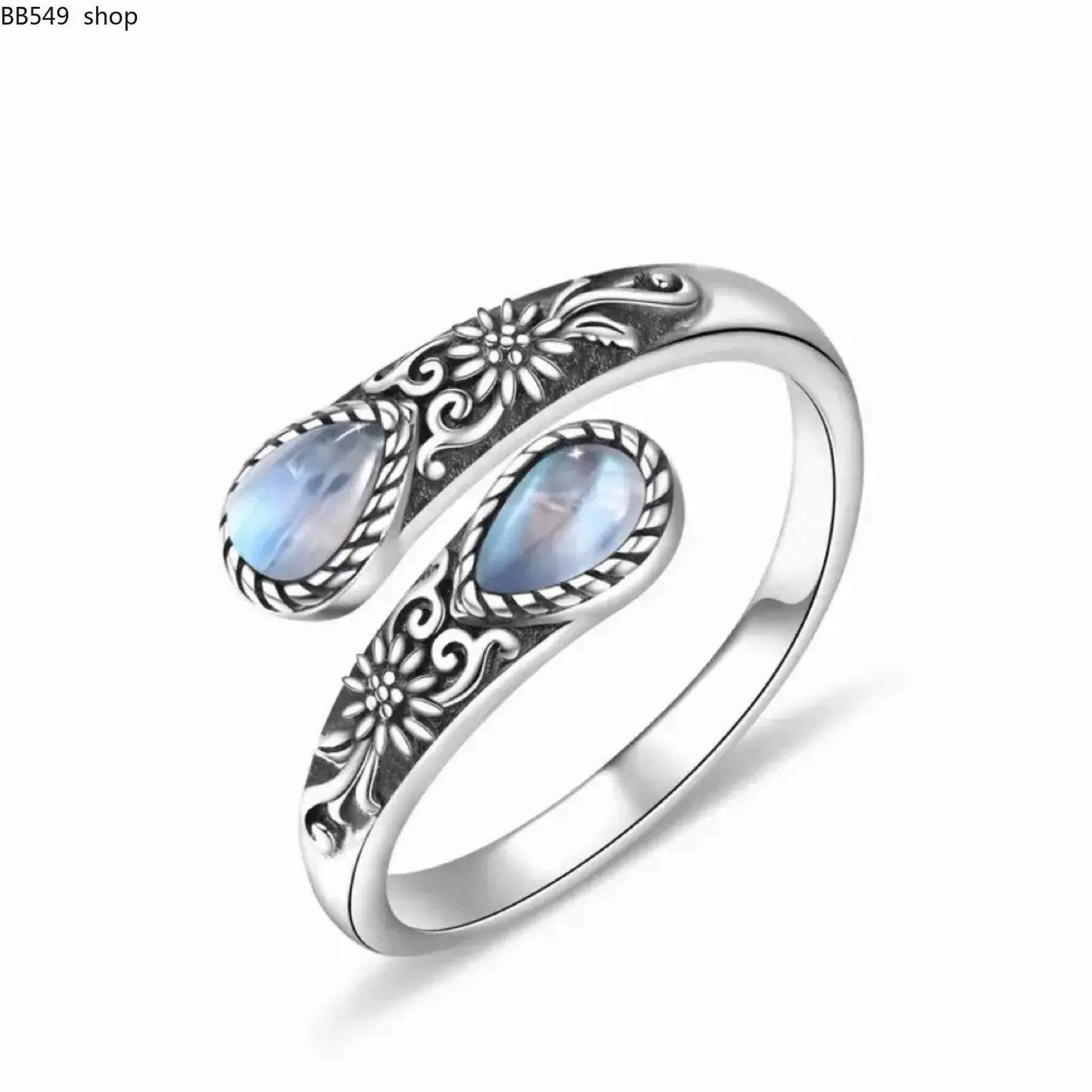 Women's Vintage Moonstone Ring, Elegant Sterling Silver with Floral Engraving, Adjustable Open Design for Everyday Party Wear, Adjustable Open Rings, Classic
