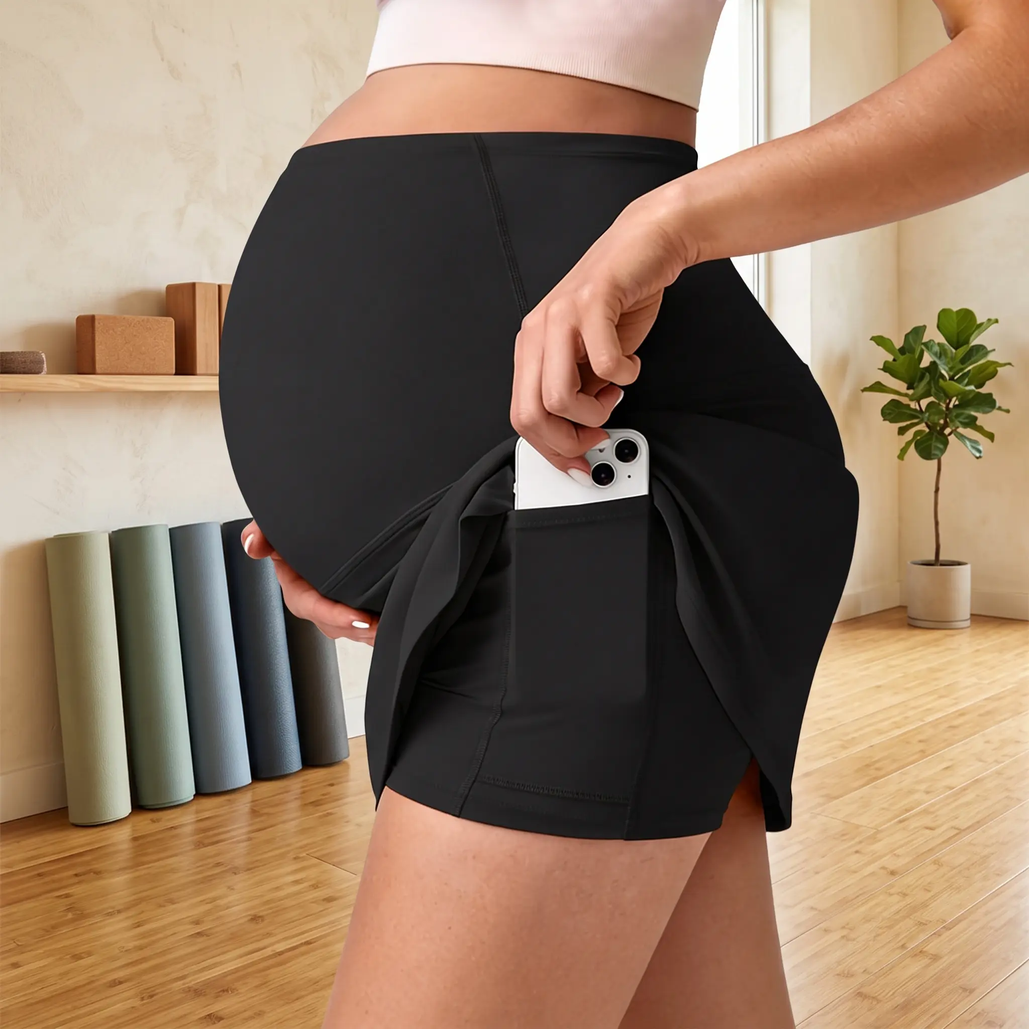 MUSBUY Maternity Skort with Built-in Shorts & Pocket - 4Way Stretch Spandex Athletic Style, Elastic High Waist Over The Belly Support, Pregnancy Support Maternity Clothing & Accessories for Work & Yoga, Elastic High Waist Maternity Clothing & Accessories