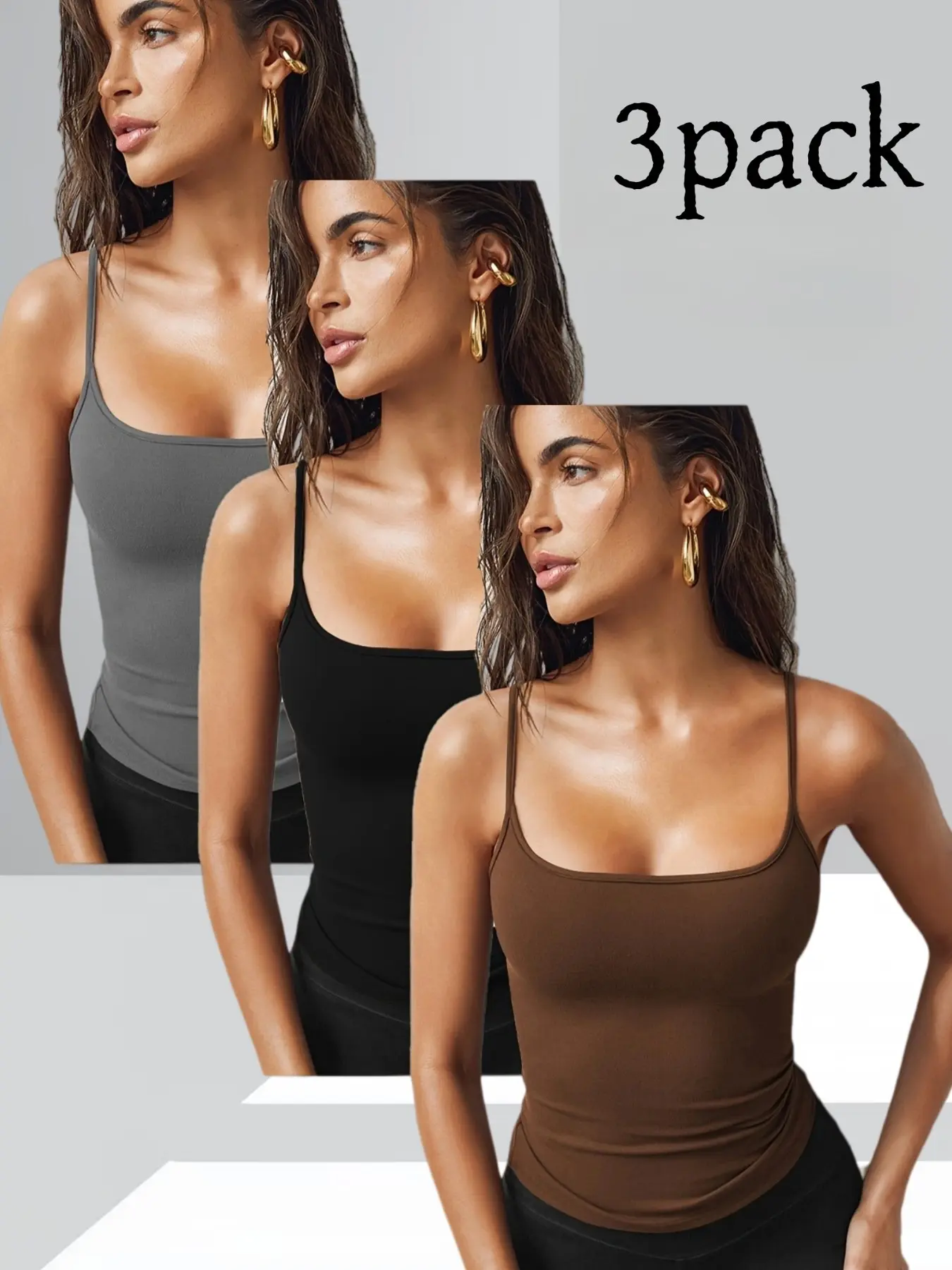 Minimalist Solid Color Thin Strap Spaghetti Strap Square Neck Slim Fit Halter Top, Four-Season Commuter Versatile Basic Set of Three Pieces Camisole Top, Camisole Shirts