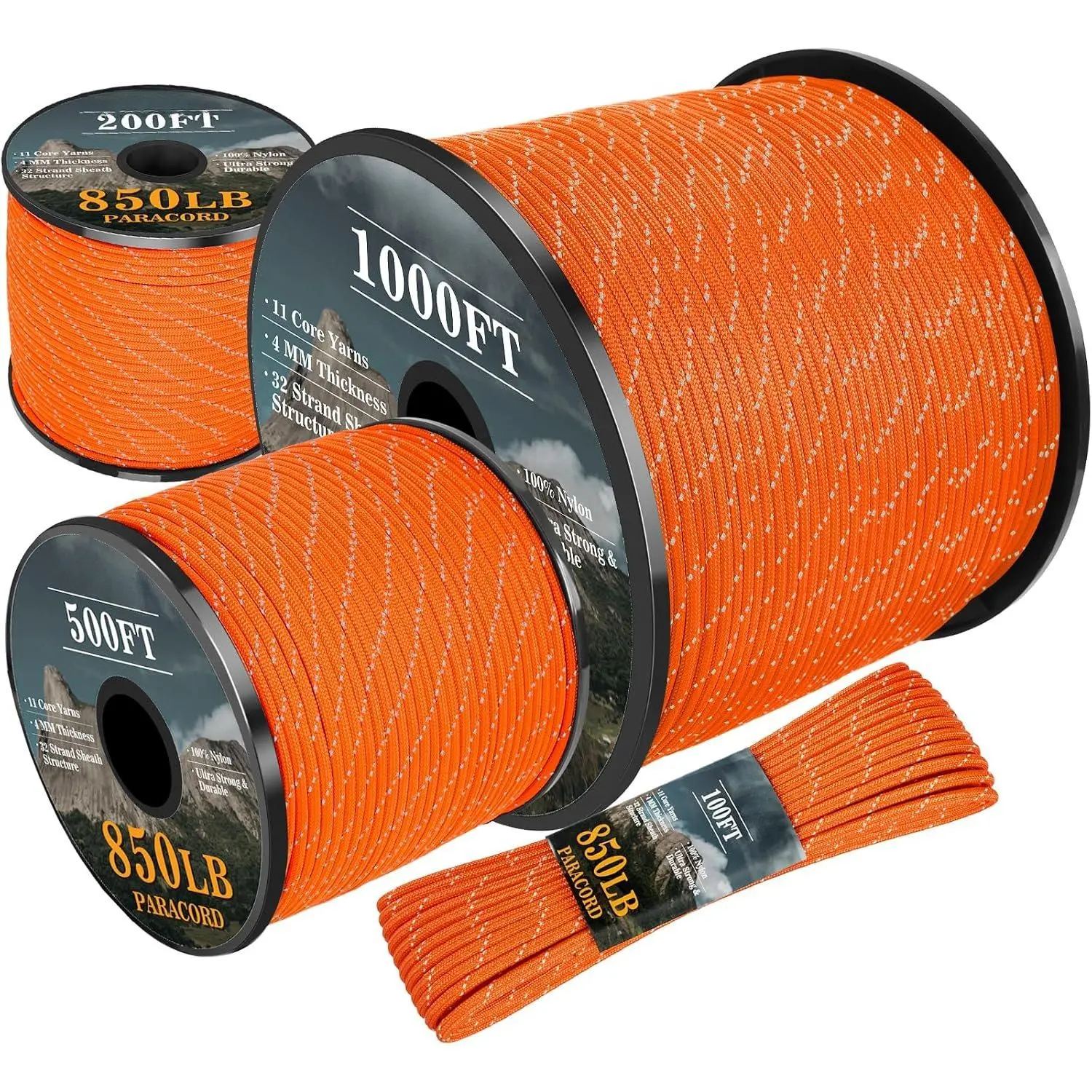 Paracord Reflective Rope 850Ib, 50/100/200/500/1000ft 4MM 11 Strand  Parachute Spool Cord, para Cord Lanyard for Clothsline, Hammock, Camping, Hiking and , Orange 200FT