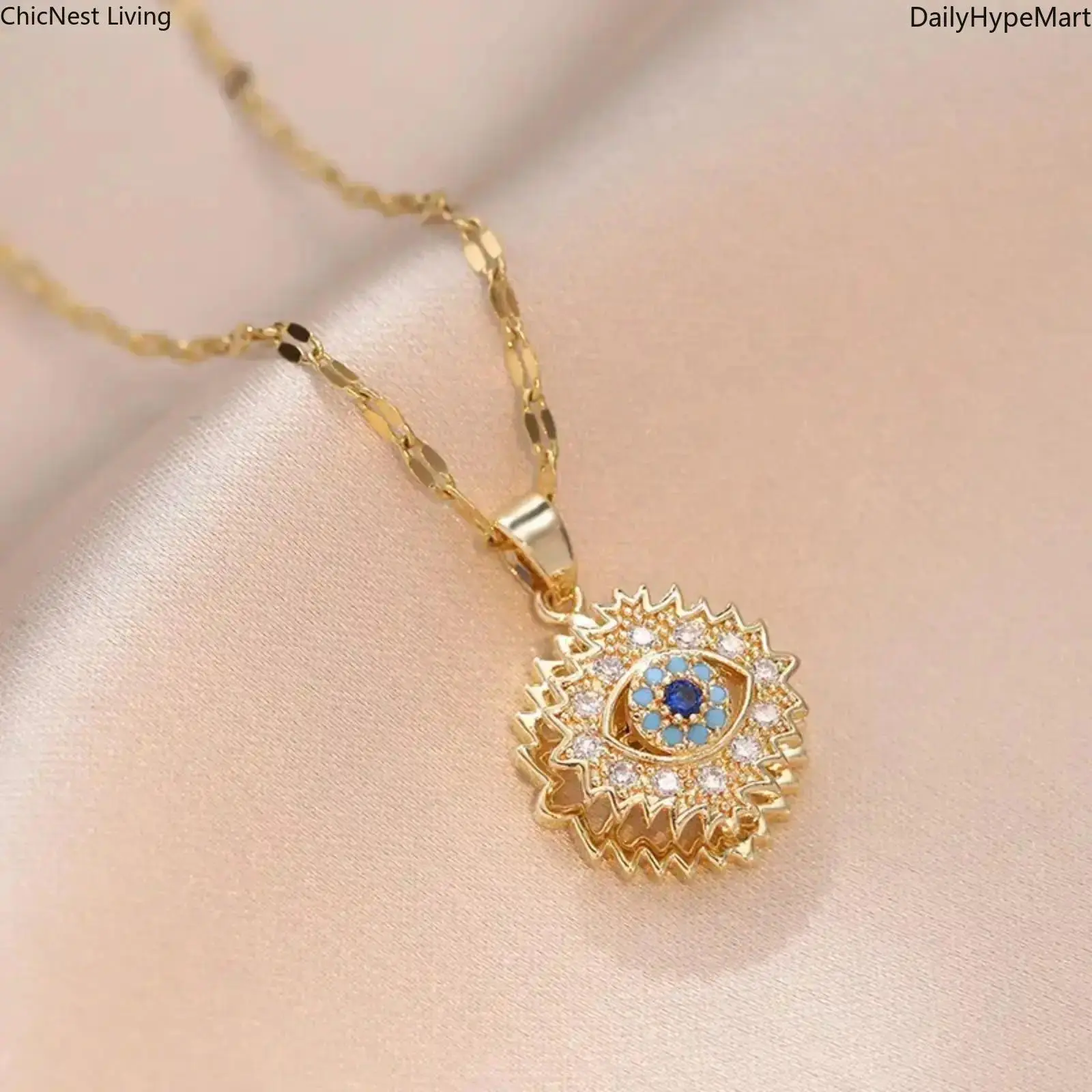 Rotating Evil Evil Eye Necklace for Women, Blue Eye Pendant Necklace with Gold Tone Chain, Vintage Sunburst Charm Jewelry, Rhinestone Detail Statement Necklace, Trendy Boho Fashion Jewelry for Daily Wear, Layering Necklace Gift for Women and Girls