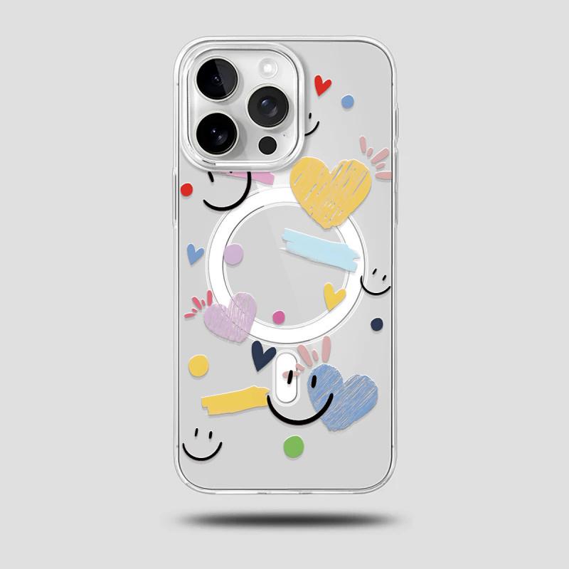 Fashionable Anime Pattern Phone Case with Heart joyful Design, Shockproof Magnetic Transparent Case, Magnetic Wireless Charging Compatible, for iPhone 11 12 13 14 15 16 17 Pro Max Air Plus Mini, Clear Back Cover, Halloween Christmas Valentine's Day