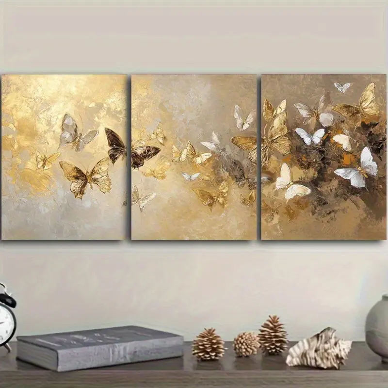 2D flat paintings, a set of three 2D canvas artworks, with a gold foil butterfly theme, are very suitable for decorating walls in various spaces, such as home offices, bathrooms, living rooms, bedrooms, cafes, etc