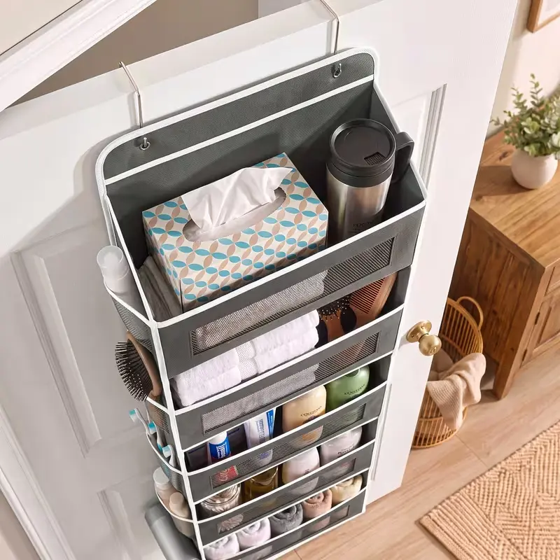 No-Drill Door Hook Organizer, 600D Tear-Resistant Fabric Storage Bag with 5 Deep Pockets for Cosmetics, Towels, Hair Tools, Sturdy Stable Clutter-Hider for Bathroom, Kitchen