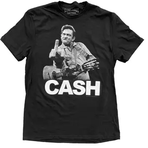 Johnny Cash Graphic T-Shirt Iconic Middle Finger Black White Vintage Live Concert Photograph Jim Marshall Official Print The Man In Black Holding Acoustic Guitar Bold Large White CASH Letter Retro Grunge Outlaw Country Rockabilly Folk Music Legend Black G