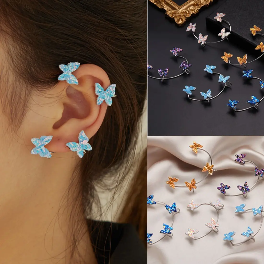 Butterfly Clip-On Earrings for Women, No Piercing Required Ear Cuff Earrings, Sparkly Sequin Butterfly Dangle Earrings, Trendy Y2K Statement Jewelry, Cute Fashion Ear Clips for Party & Daily Wear