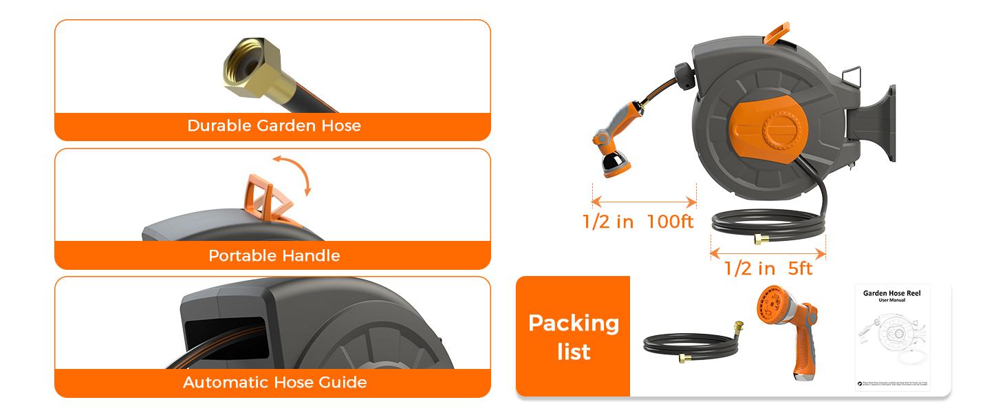 Retractable Garden Hose Reel 100 FT, 1/2" Heavy Duty Garden Hose 435 PSI Burst Pressure, Wall Mounted Water Hose Reel with 10-Pattern Nozzle, 180 °   Swivel, Slow Auto Rewind & Any Length Lock