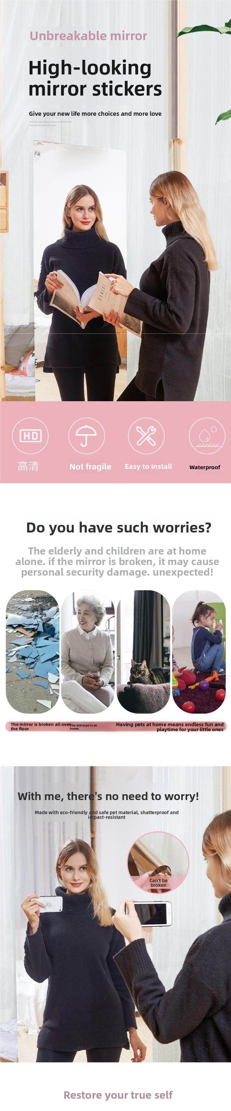 Self-Adhesive Soft Mirror Wall Sticker HD Mirror Surface Paper, Full Length Dress Mirror for Bedroom, Safe Explosion-Proof Mirror Film, Punch-Free Home Wall Decor Mirror Sticker, Cuttable and Easy to Use girl room accessories