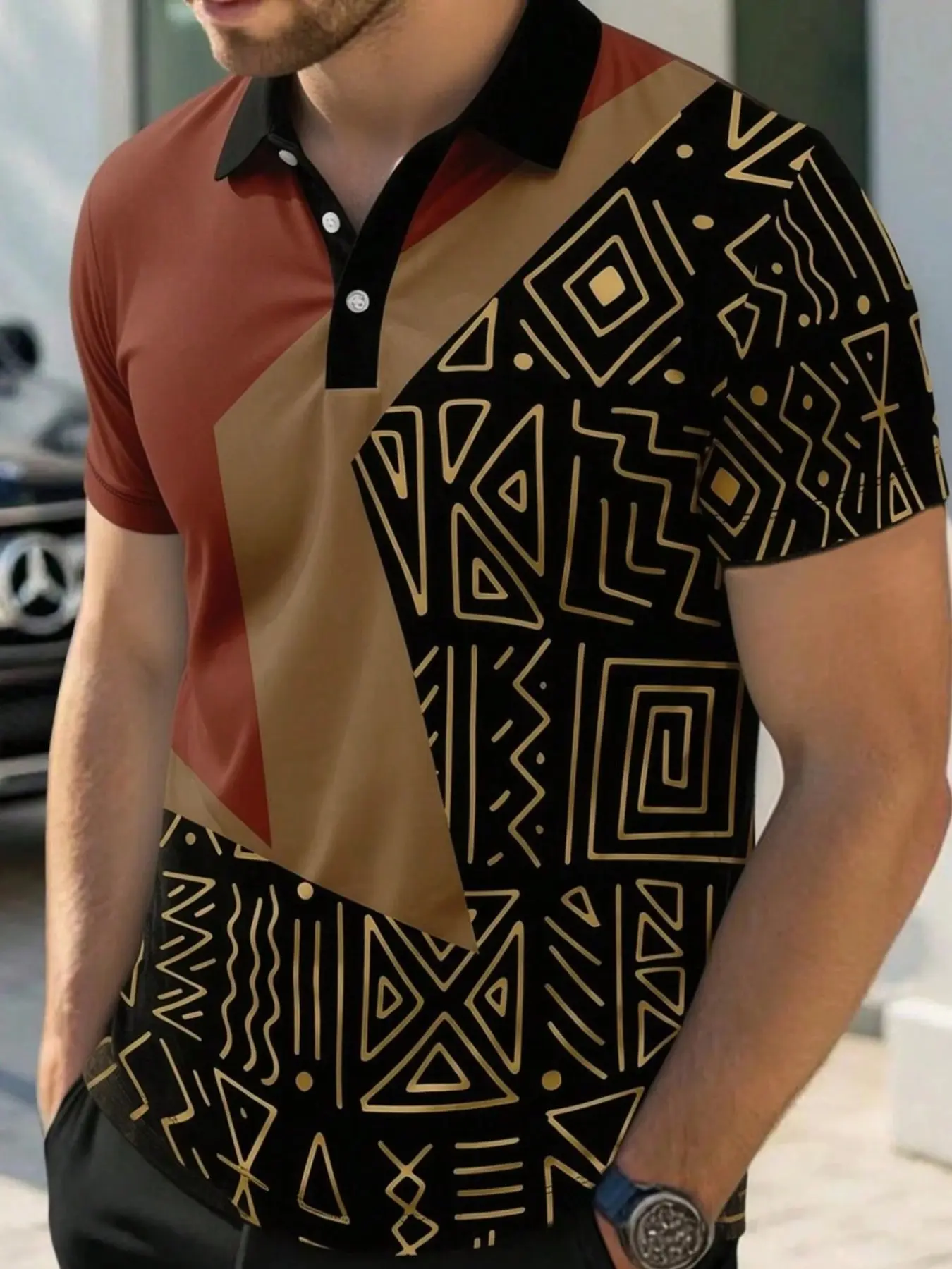 Men's Ethnic Geometric Print Polo Shirt, Color Block Patchwork, Vintage Gold Totem Pattern, Button Front, Soft Comfortable Fabric