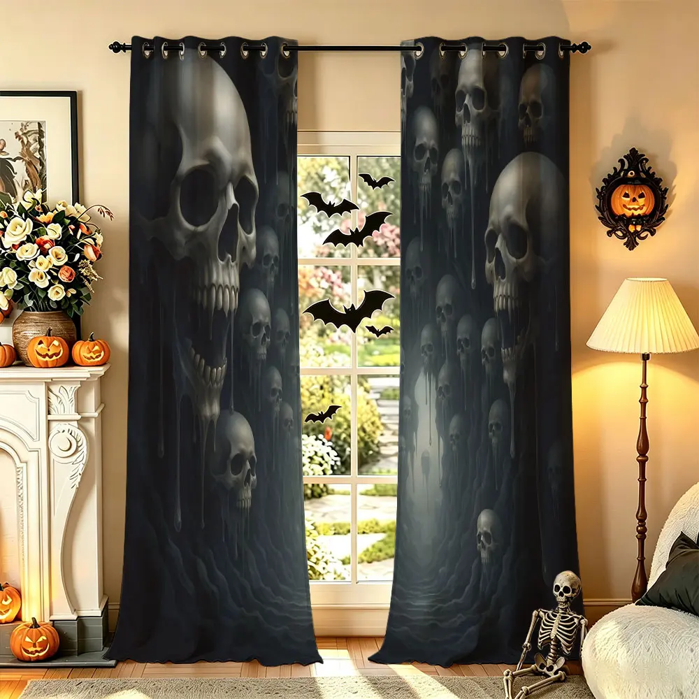2Panels All Over Skull Dark Blackout Curtains, Horror Skeleton Print Window Drapes, Spooky Gothic Halloween Home Decor Curtain Panels