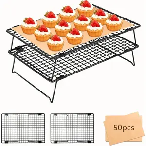 2-Tier Stackable Cooling Rack with Legs, 13"x 9" Nonstick Collapsible Wire Rack with 50 Pcs Parchment Paper for Baking Cookies, Cakes, Bread, Pizza