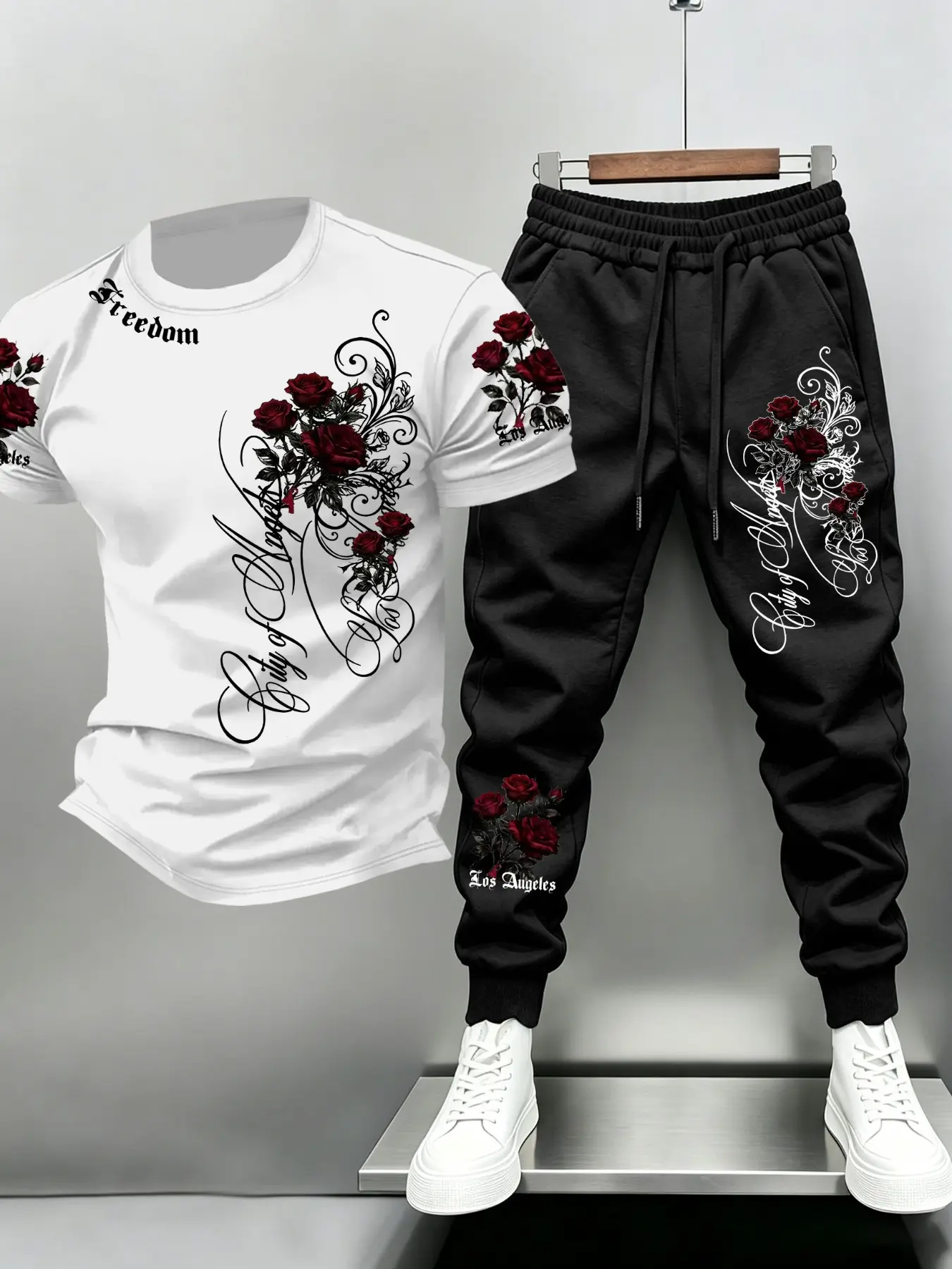 【Black Friday】Men 2Pcs Outfit Set, Gothic Rose Script Graphic Short Sleeve Tee & Jogger Pants, Elastic Waist Tracksuit, Casual Streetwear Matching Daily Wear