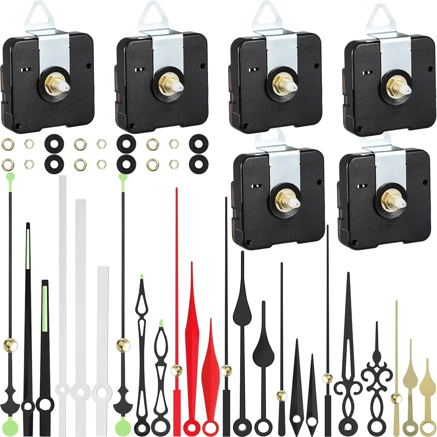 6 Pcs High Torque Quartz Clock Movements Replacement Kit Long Shaft Clock Movement Mechanism with 8 Different Pairs of Repair Parts for DIY Replacement Repair, Shaft Length 16 Mm/ 0.62 Inch