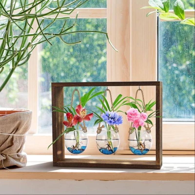 Wooden Plant Propagation Stations, 1 Set Vintage Glass Terrarium with Wooden Stand, Desktop Air Plant Propagation Vase for Home Office Garden Decor
