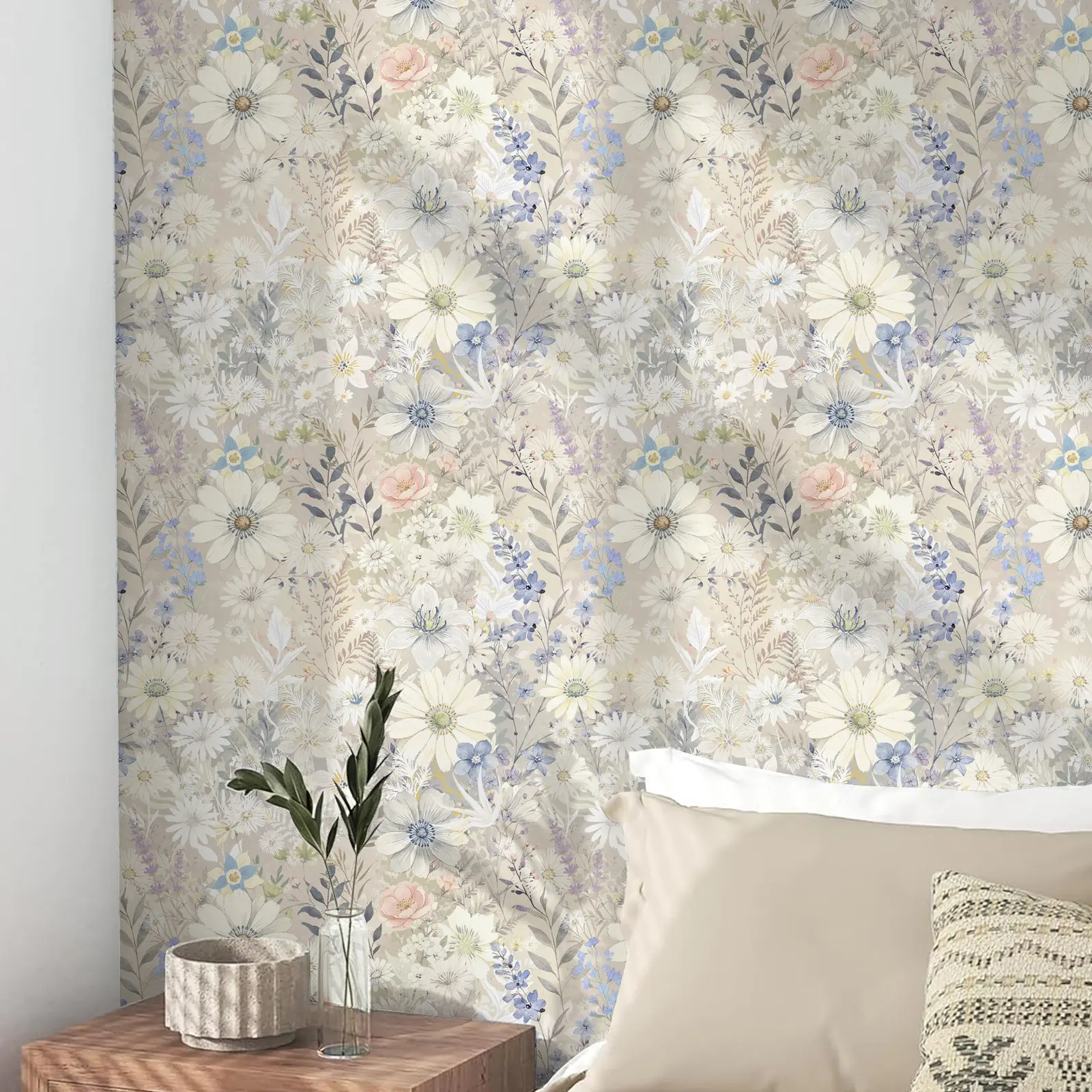 Bohemian Wild Daisy Floral Self-Adhesive Wallpaper, Easy Peel and Stick, Removable Wall Decor for Living Room, Bedroom, Apartment