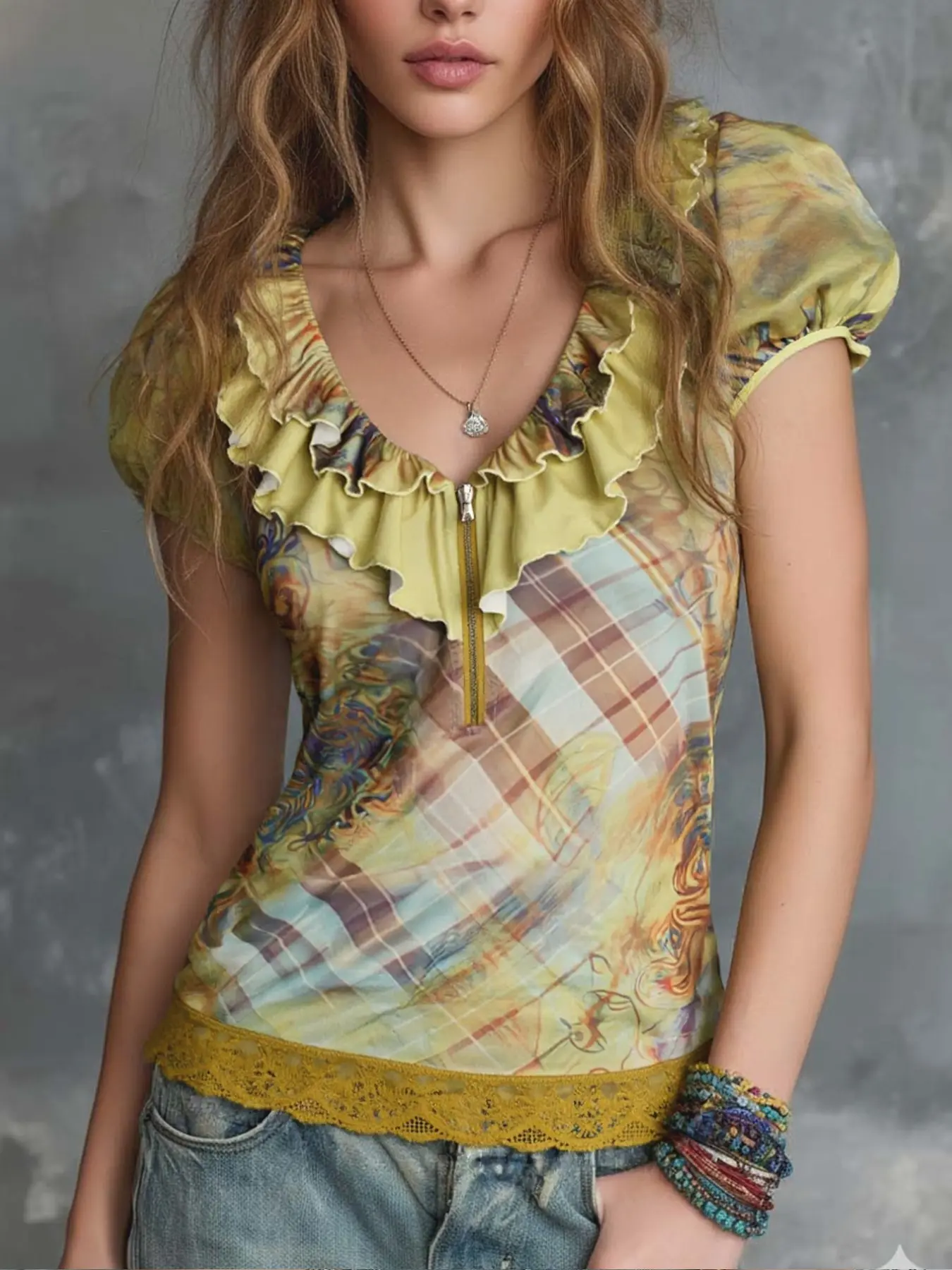 Women's Vintage Yellow-Green Plaid Floral Print Top, Ruffle Low-Cut Deep V-Neck Half Zip Puff Short Sleeve Slim T-Shirt