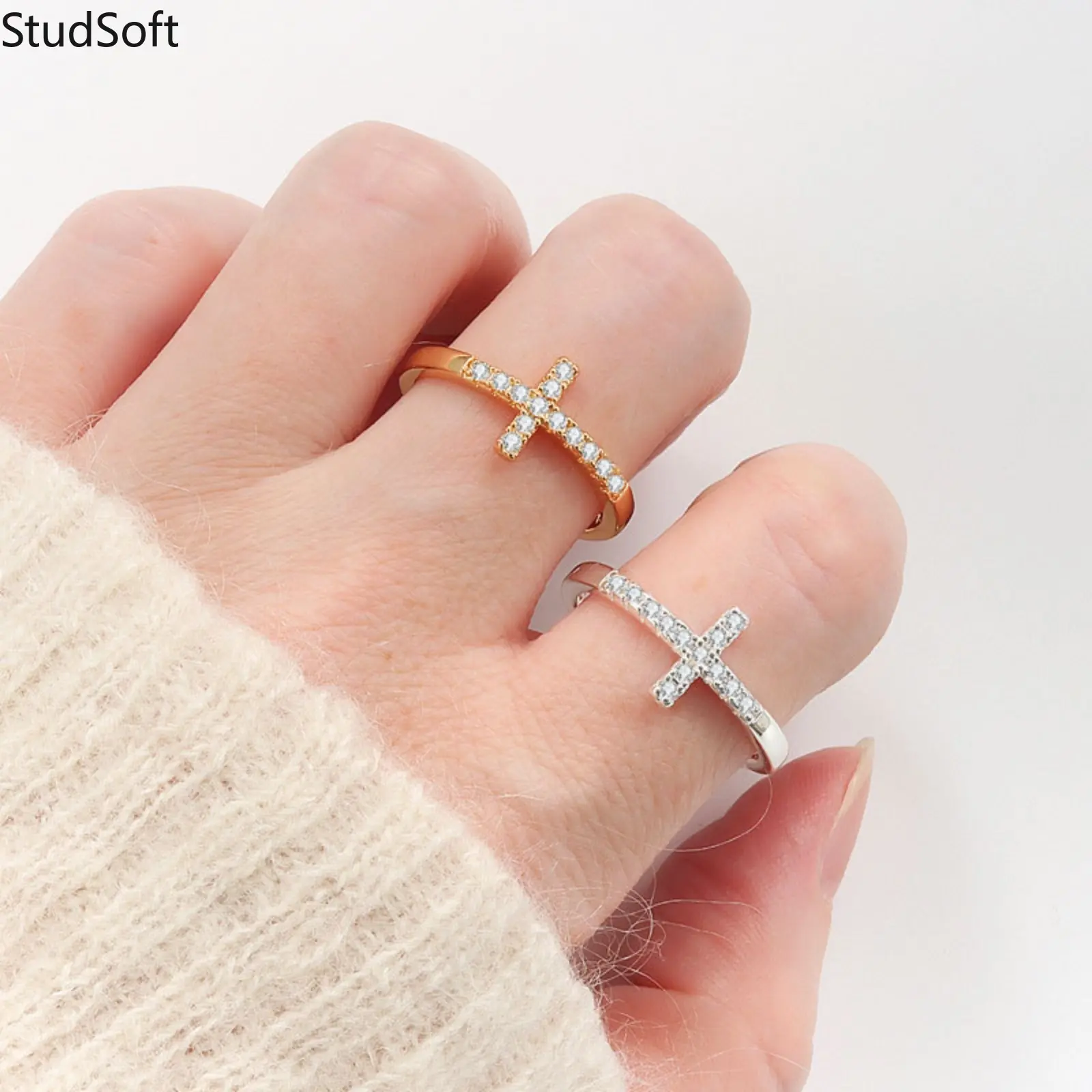 Gold Sideways Cross Ring for Women Sparkly Cubic Zirconia Inlaid Minimalist Stacking Band Cute Faith Christian Religious Jewelry Baptism Anniversary Gift