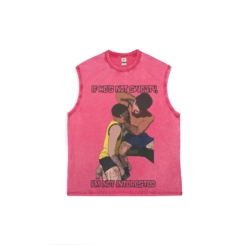 Vintage Washed Pink Sleeveless Muscle Tank Top for Men, If He’s Not Sweaty I’m Not Interested Gay Graphic Print Crew Neck Loose Fit Retro Distressed Cotton LGBTQ Pride Streetwear Casual Workout Vest