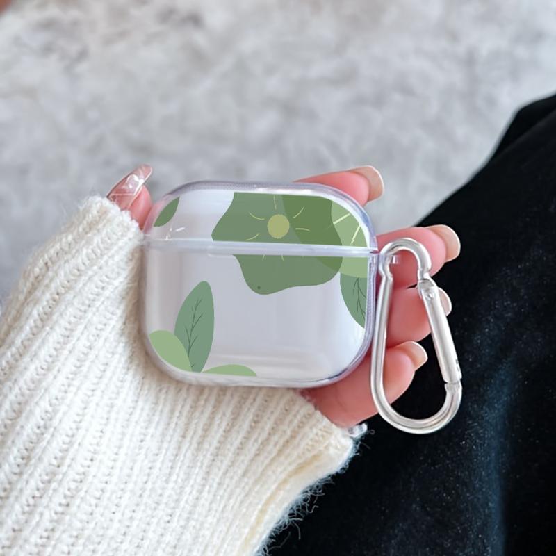Green Flowers Pattern Protective Case for AirPods 4/3/2/1/Pro/Pro2 Soft TPU Earphone Cover, Transparent with Keychain