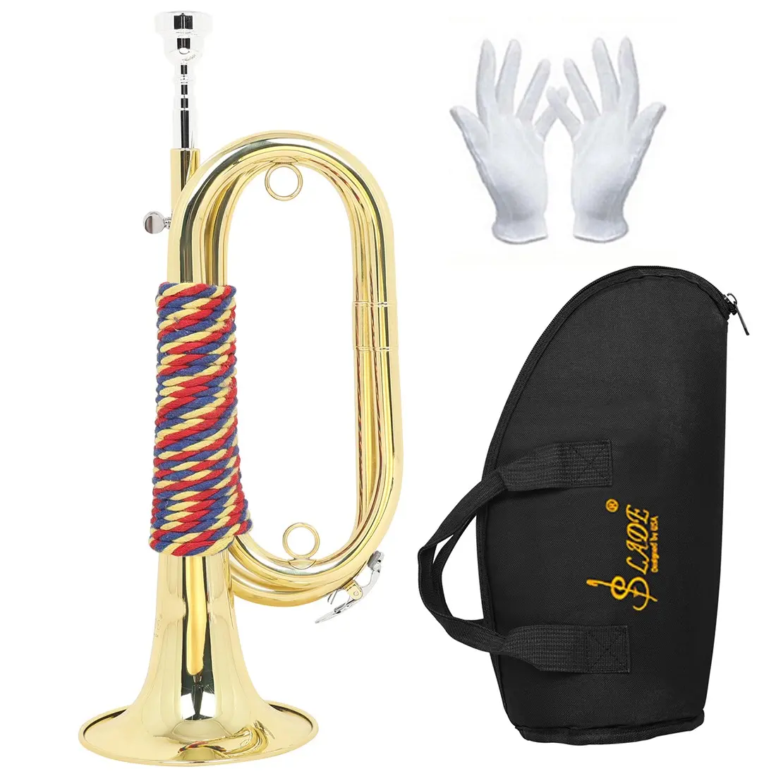 SLADE B Flat Bugle Horn, Gold Plated Brass Wind Instrument, Comes With Matching SLADE Fabric Carry Bag, Clear Loud Tone For Military Ceremonies, Marching Band Events And Holiday Stage Performances