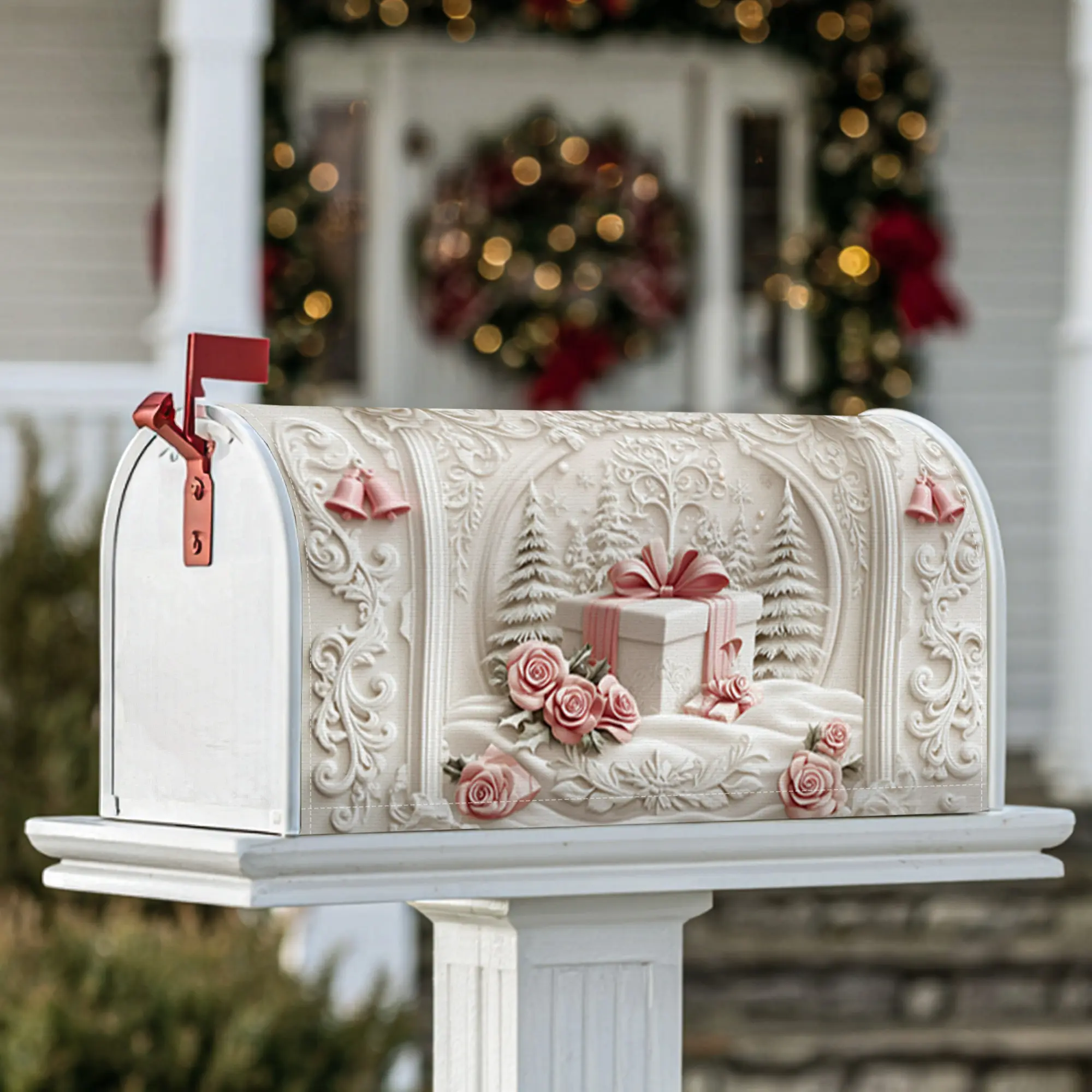 gift box Magnetic Mailbox Covers, Christmas rustic roses trees Christmas white Mailbox Wraps for Front Door Decor