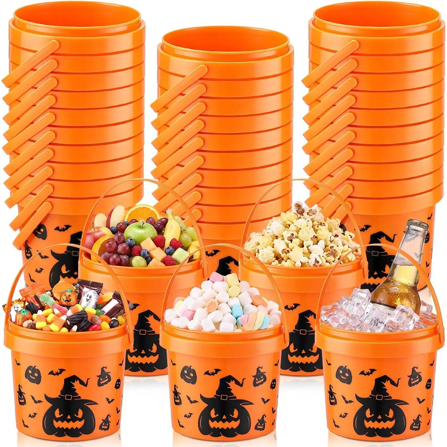 20 Pack 50 oz Halloween Trick or  Bucket with Handles Pumpkin Buckets Bat Yellow Round Ice Pail Basket for Halloween Holiday Party Supplies