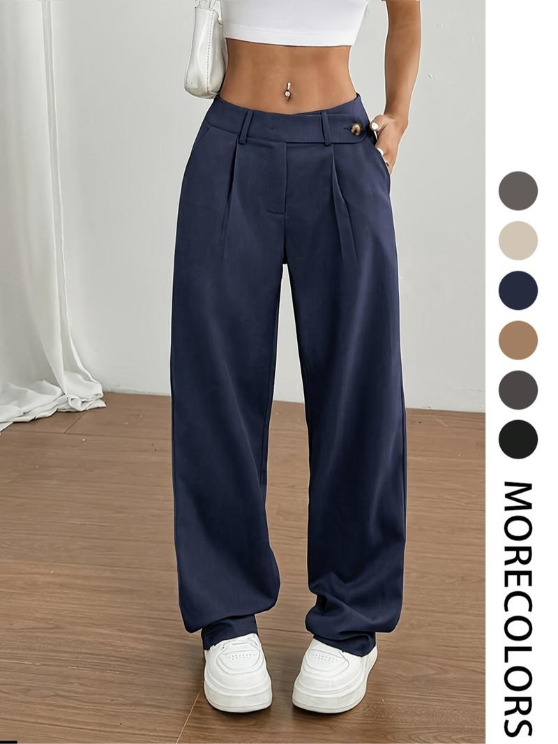 Women's Solid Color Straight Leg Pants, Casual Comfy Pocket Trousers for Daily Wear, Ladies Bottoms for All Seasons, Asymmetrical Waist Design Pants, Casual Chic Trousers