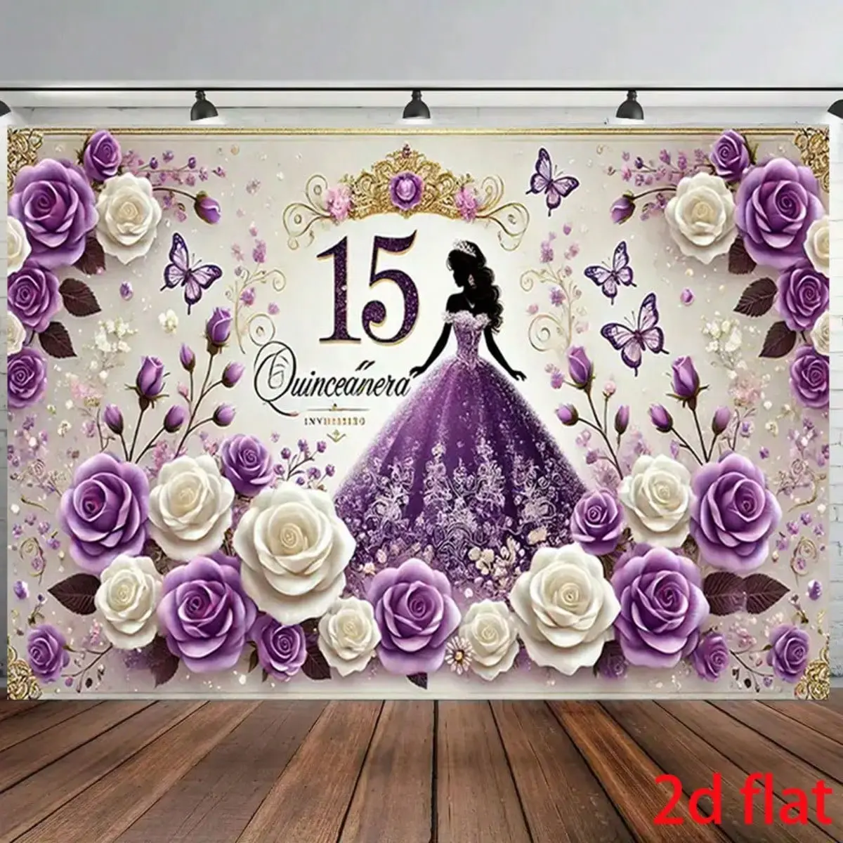 1pc 2D Plane Quinceañera Sweet 15Th Princess - Stylish Floral & Sparkling Crown Design Featuring A Purple Backdrop Banner, Ideal For Party Decorations, For Home Decor, Birthday Celebrations