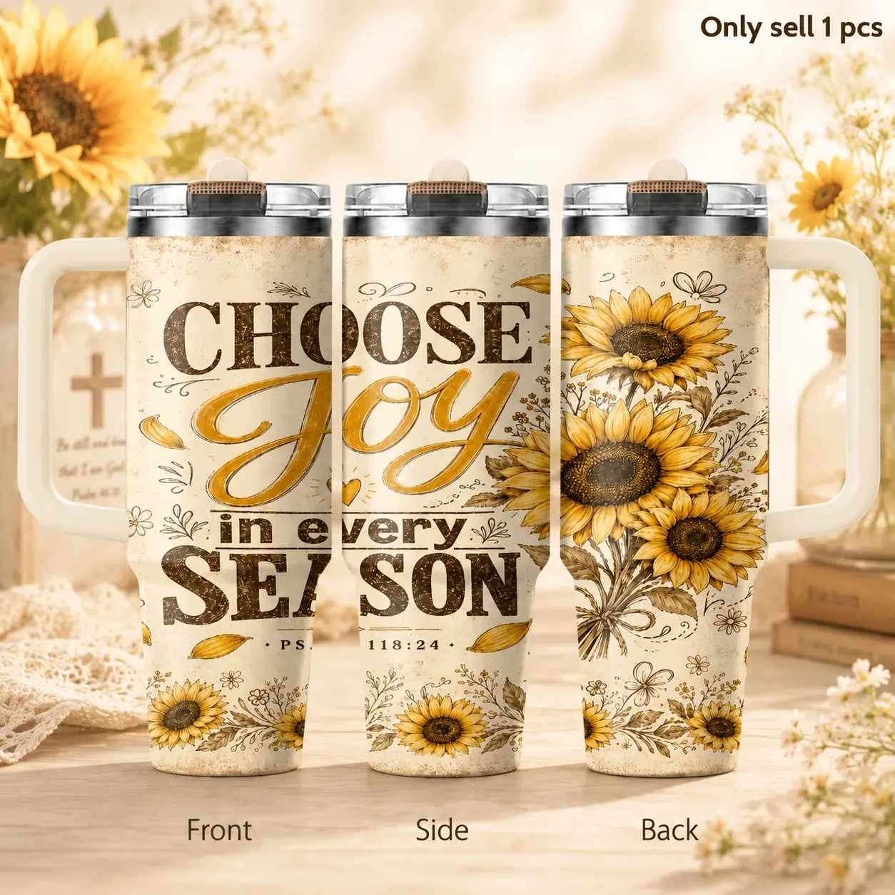 Sunflower Inspirational 40oz Tumbler – Positive Floral Stainless Steel Insulated Travel Mug with Handle & Straw Lid for Coffee, Water, Smoothies, Office, Gym, Daily Motivation Gift for Women