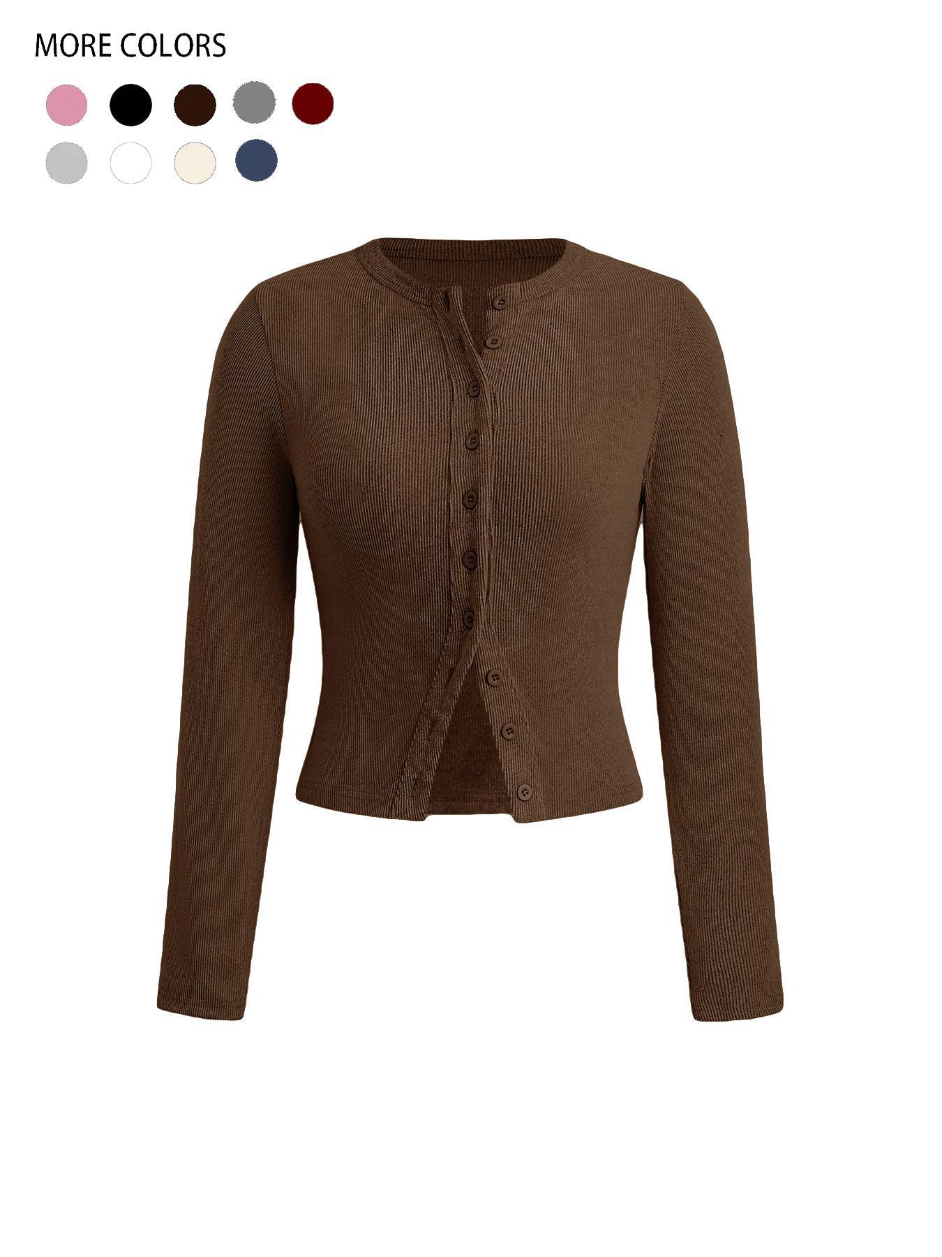 Women's Plain Basic Button Front Ribbed Tee, Casual Long Sleeve Round Neck T-Shirt for Spring & Fall, Women's Top for Daily Wear