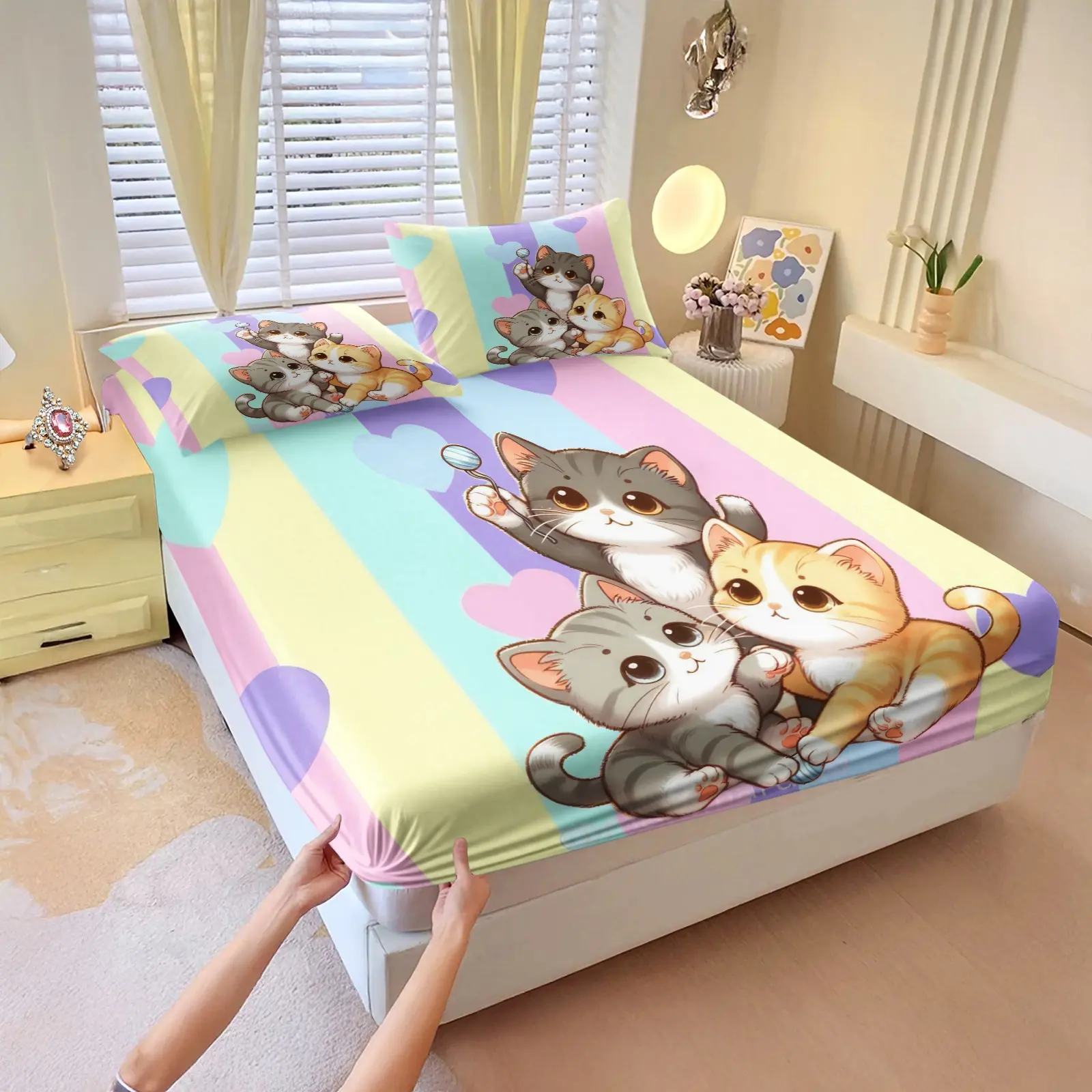 Cartoon Kitten Soft Heart Print 3‑Piece Fitted Sheet Set, No Filling Included, Stretch Bedding Set, Kawaii Sweet Decor for College Girl Dorm, Soft Girl Apartment, Shared Cute Pet Cat Bedroom
