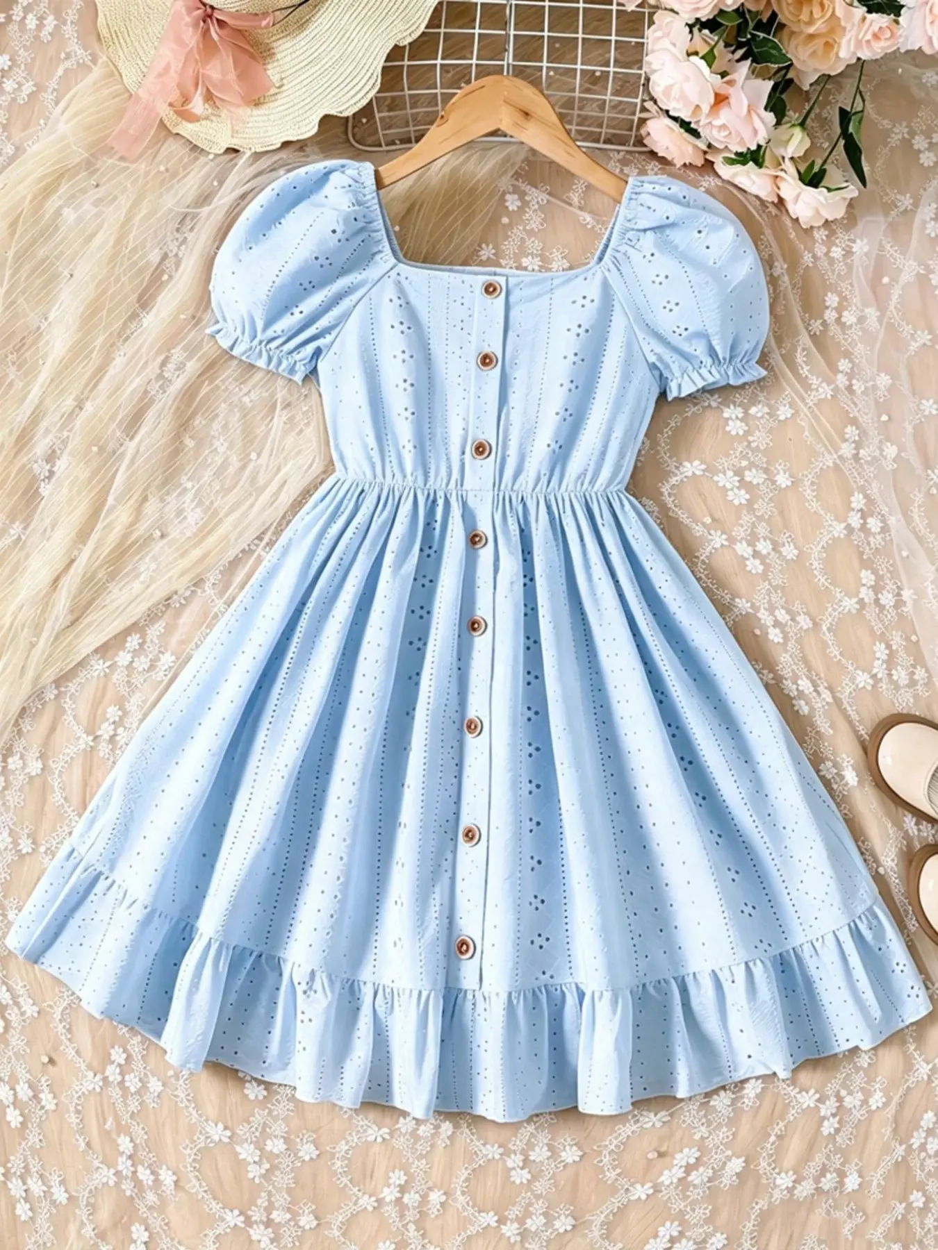 Girls Eyelet Embroidery Dress, Square Neck Puff Sleeve, Button Front Elastic Waist, Ruffle Hem A-Line Sundress for Summer, Summer Dresses
