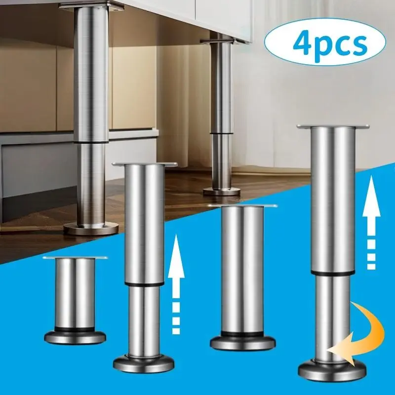 4 Adjustable Height Stainless Steel Furniture Legs, Thickened Load Bearing Cabinet Support Pads, Replacement Feet for Tables, Beds, Sofas, Kitchen Furniture