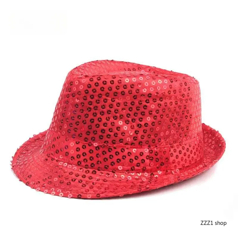 Unisex Shiny Red Sequin Trilby Hat, Metallic Glitter Jazz Cap, Sports & Outdoor Accessory for Nightclub Dance Party, Stage Performance Costume, Glitter Sports & Outdoor Hats, Night Club, Sequin Fabric, Shiny Look
