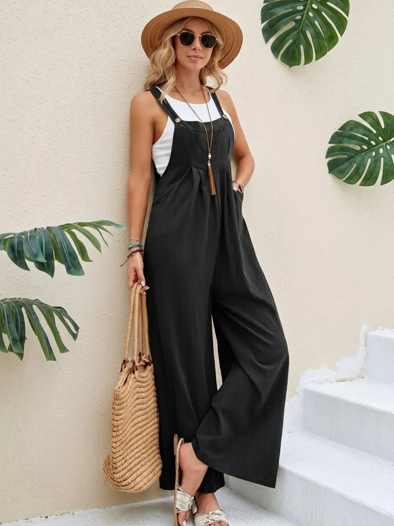 New Casual Loose Wide Strap Overalls, Simple Versatile Style, Comfortable Soft Fabric, Hidden Side Zip, Practical Large Pockets