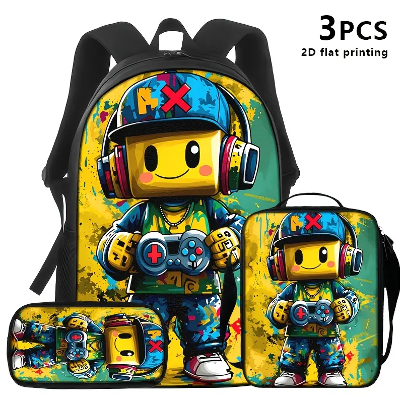 Kids' Graffiti Art 3-Piece Gamer Backpack Set Bundle with Waterproof Fabric, 15-Inch Laptop Space, Insulated Lunch Box (Lunch Stays Fresh), Headphones, Block Game Character, Detachable Shoulder Strap, Zipper Closure, 600D Oxford, Hand Wash Only, No Bleach
