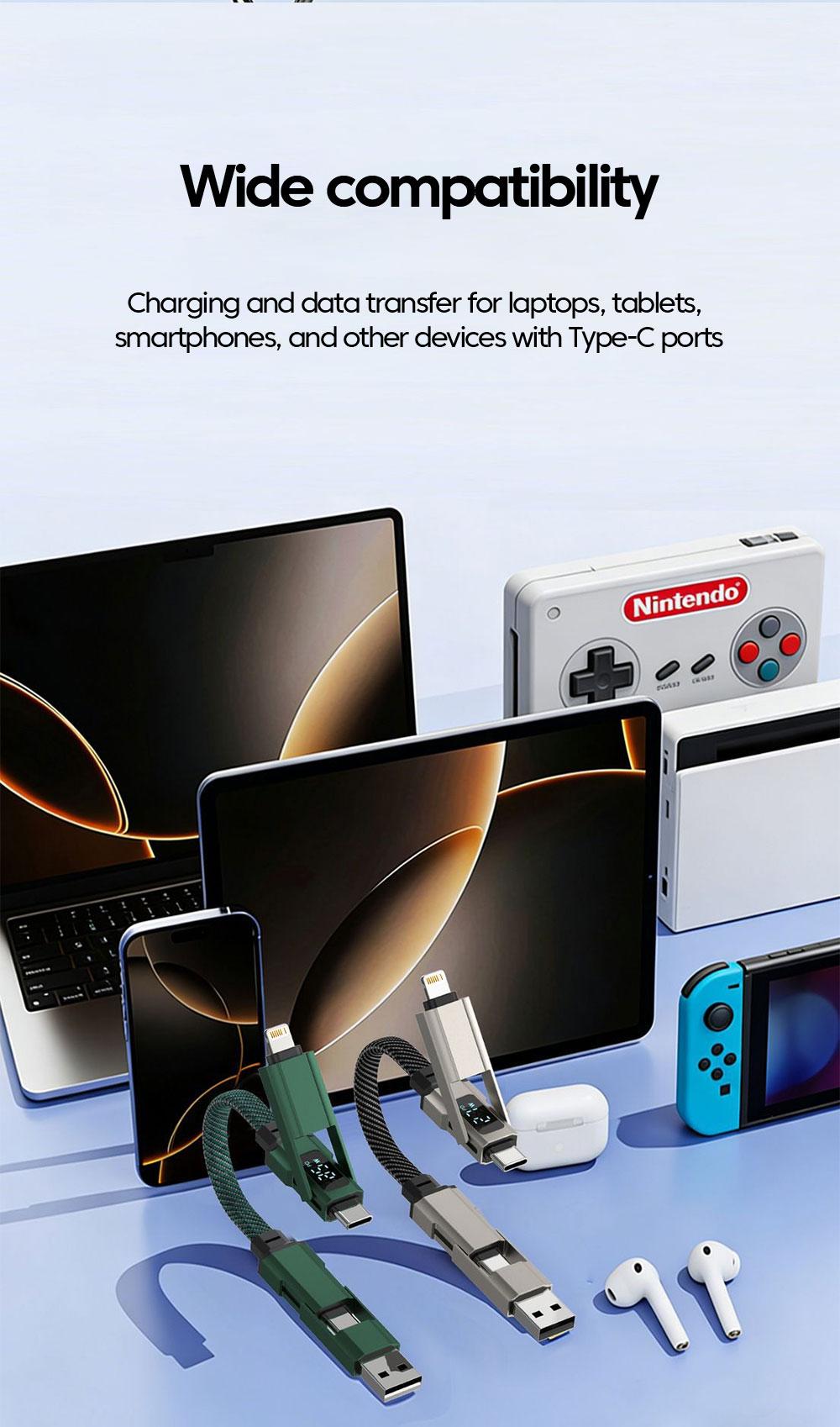 65W 4 in 1 Digital Display Super Fast Charging Keychain Data Cable Intelligent Digital Display Short Wire