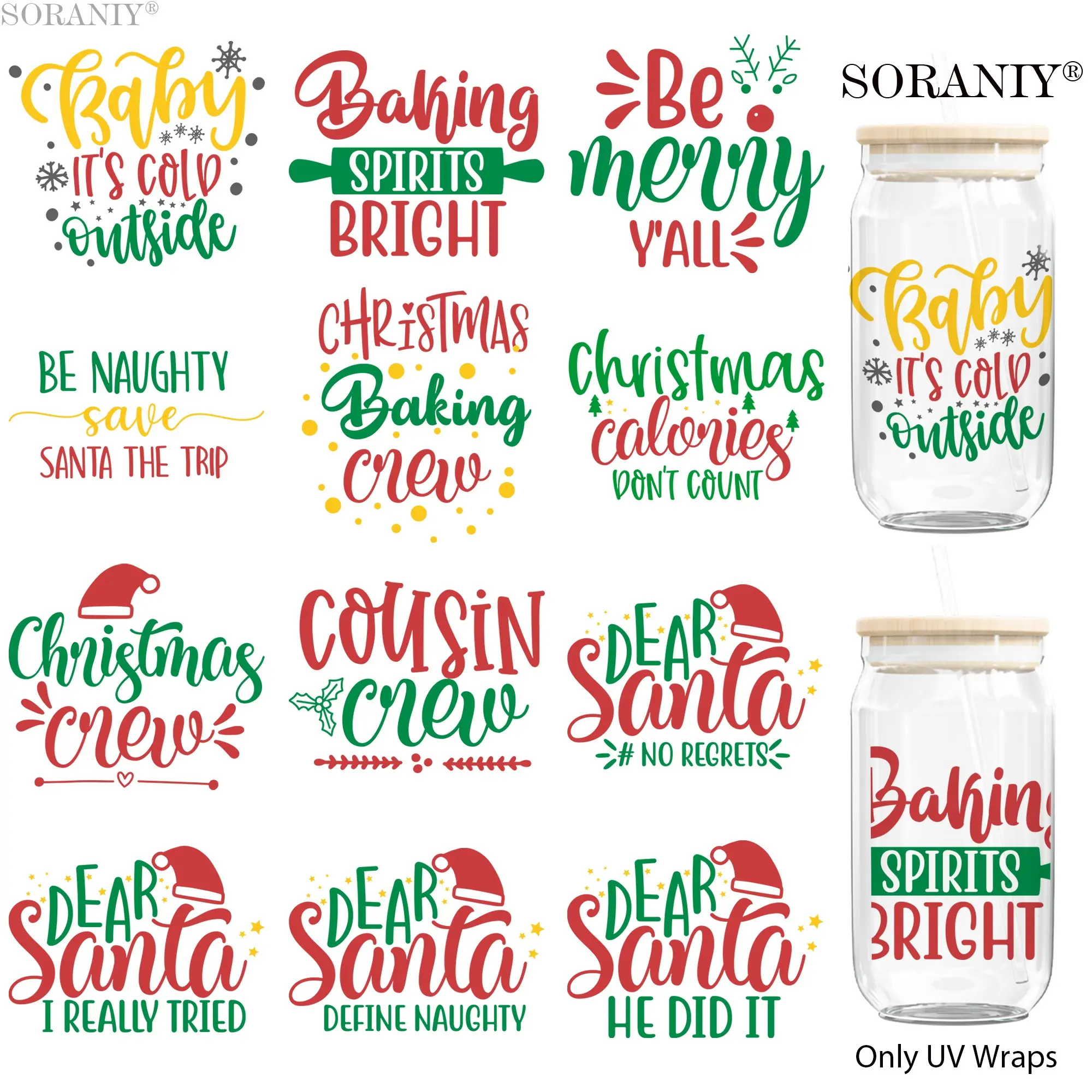 UV DTF Water Cup Transfer Stickers, 12 Christmas Patterns, Waterproof, High Adhesive, DIY Decor for Cups, Bottles, Furniture, Frames