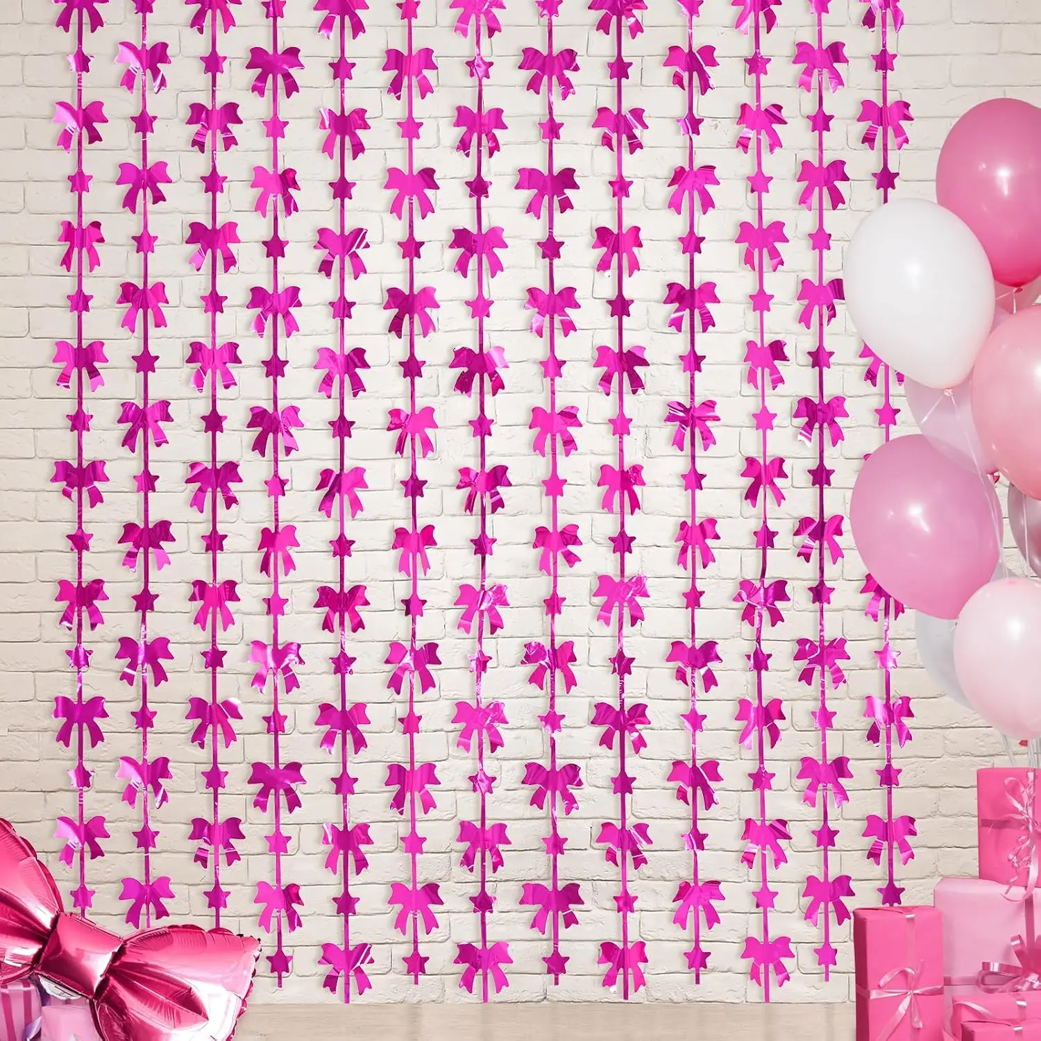 Bow Foil Fringe Curtains, Hot  Bow Birthday Backdrop, 2 Pack | Bow Party Decorations, Hot  Birthday Party Supplies Bow Photo Booth Props Backdrop for Girls Bachelorette Party Decor
