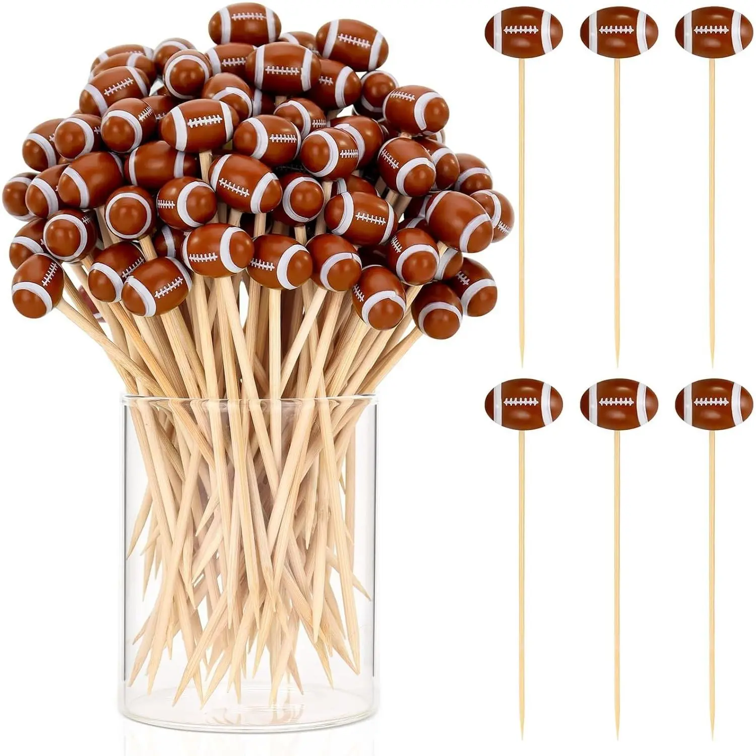50 Pcs 4.72 Inch 3D Football Bamboo Cocktail Picks, Long Decorative Toothpick Skewers for Appetizers, Holiday Birthday Party Decorations