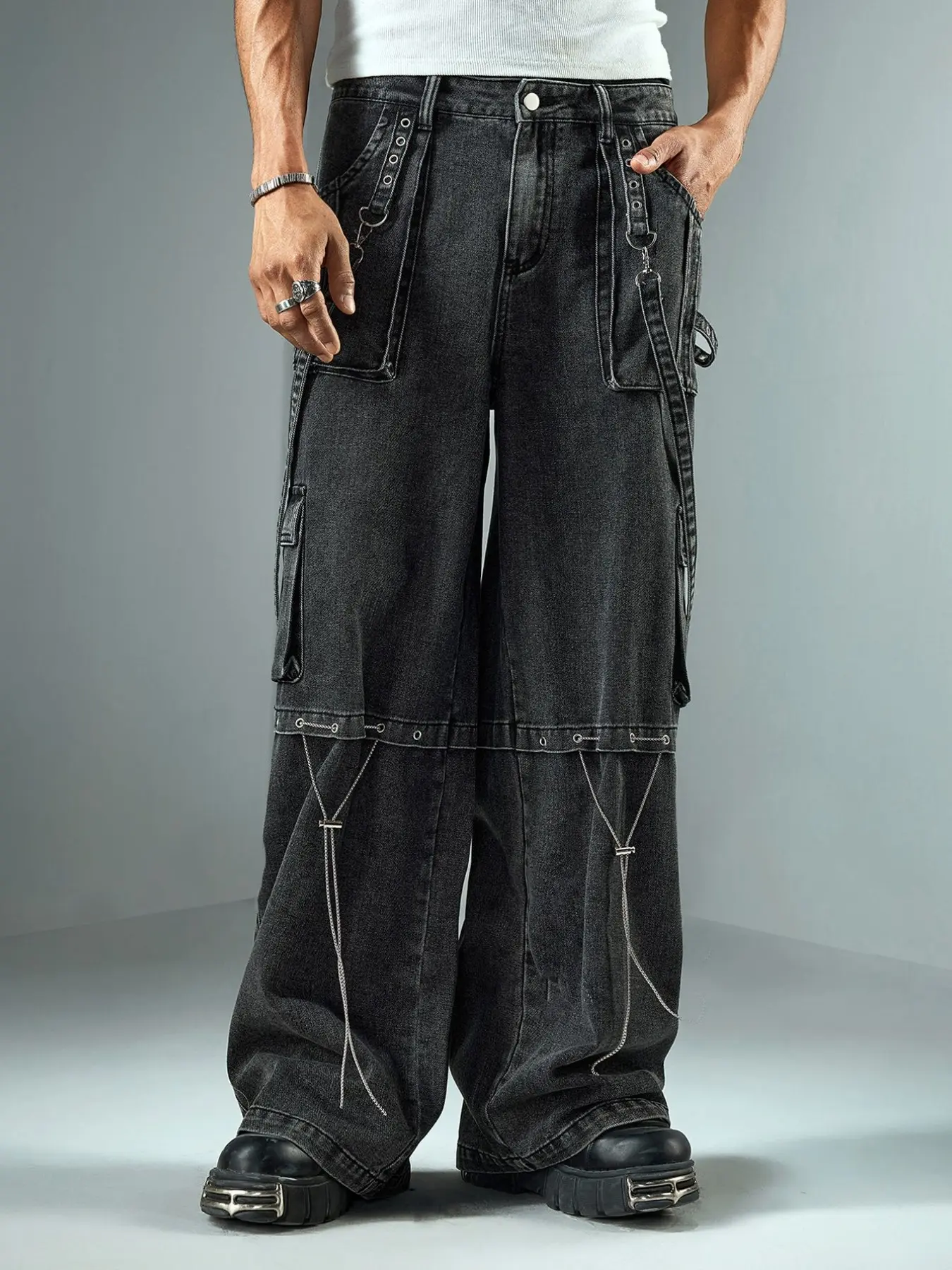American Men's Denim Long Pants, Street Style Decorative Ribbon Metal Pants, Unique Y2K Street Fashion Casual Long Pants