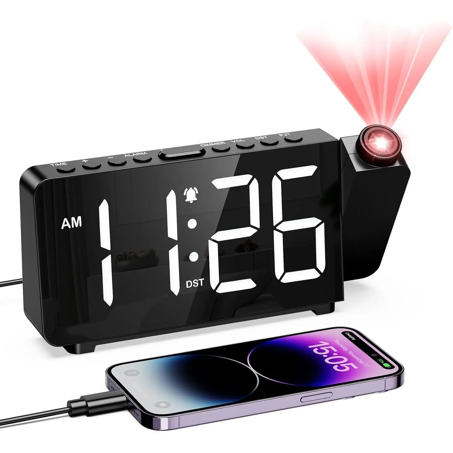 Projection  Clock for Bedroom, Digital  Clock with 180° Rotatable Projector, 7.4'' Large LED Display, Adjustable Brightness & Volume, for Seniors Teens Heavy Sleepers