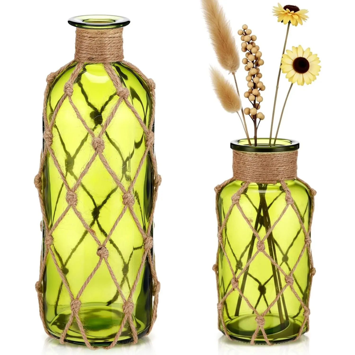 Set of 2 Coastal Glass Vases  TSITP Flower Vase with Boho Rope Small Sea Glass Jar Nautical Beach Bottle for Wedding Table Centerpieces Floral Arrangement Decor(Olive Green)