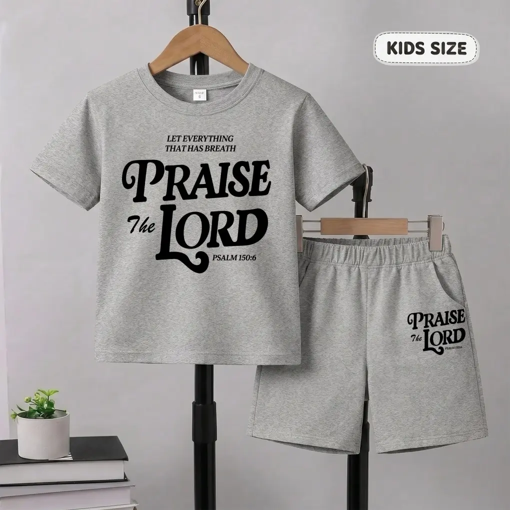 Boys’ Let Everything That Breathes Praise The Lord Printed Design Short Sleeve T-Shirt And Shorts Set, Casual Kids Summer Outfit, Comfortable Crew Neck Clothing Set For Daily Wear And Outdoor Play