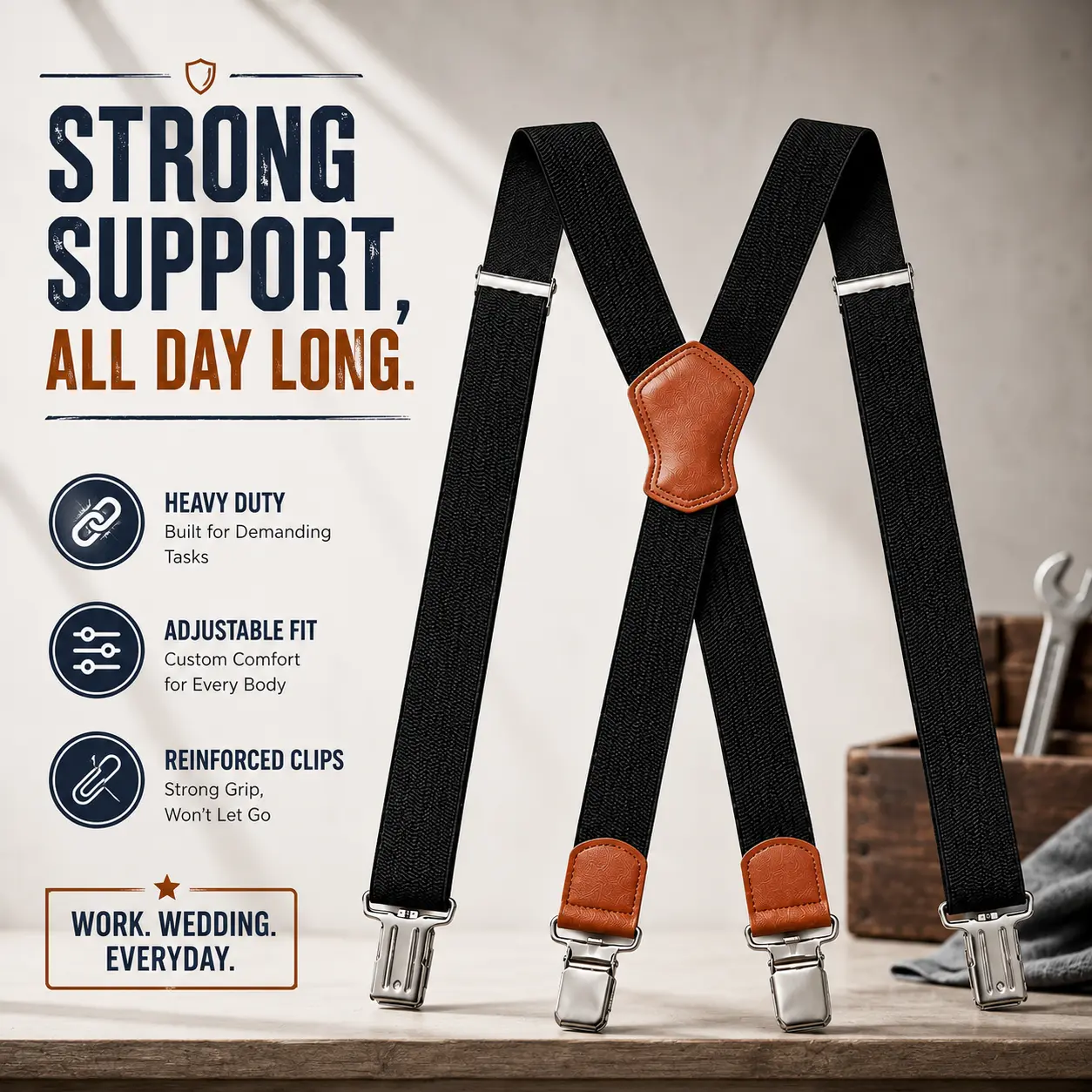 Men's Heavy Duty X-Back Suspenders, 1.48 Inch Wide Adjustable Elastic Straps with Strong Clips for Jeans and Work Pants