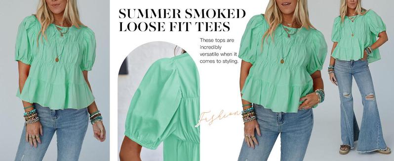PASLTER Womens Puff Sleeve Peplum Babydoll Tops Summer Smoked Pleated Cotton T-Shirts Casual Loose Fit Flowy Blouse PASLTER Womens Puff Sleeve Peplum Babydoll Tops Summer Smoked Pleated Cotton T-Shirts Casual Loose Fit Flowy Blouse