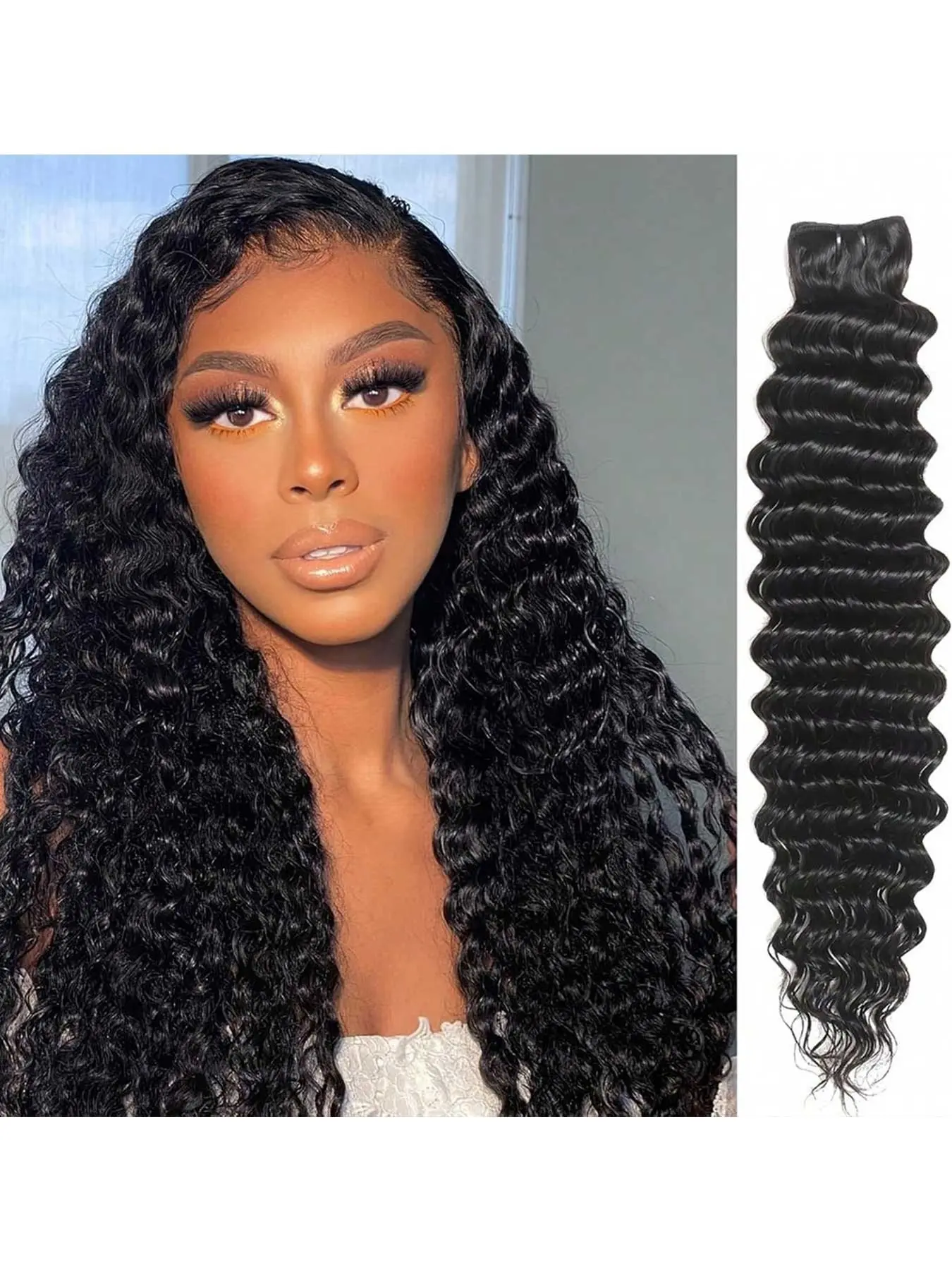 Brazilian Deep Wave Human Hair Bundles, Natural Unprocessed Virgin Hair, 12a Grade Wet & Wavy Curly Hair Extensions, Double Weft
