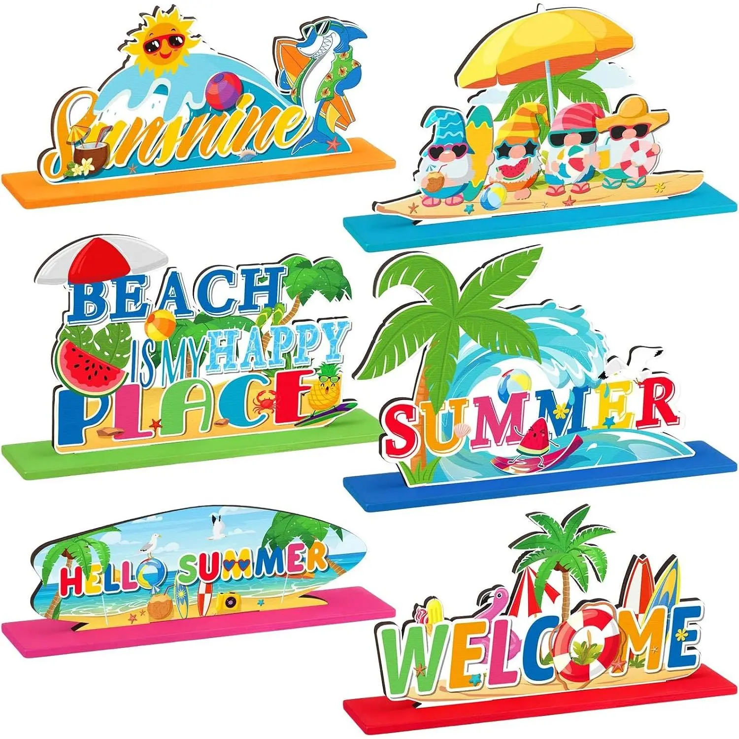 6 Pcs Hello Summer Table Decoration Sign Wooden Centerpieces Summer Beach Wooden Decor Flamingo Palm Leave Gnomes Table Centerpiece for or Home Kitchen Office Tiered Tray Decor